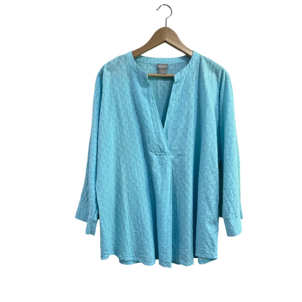 Chico’s Blue Textured 100% Cotton Boho Tunic Blouse Size 2 US=12/14